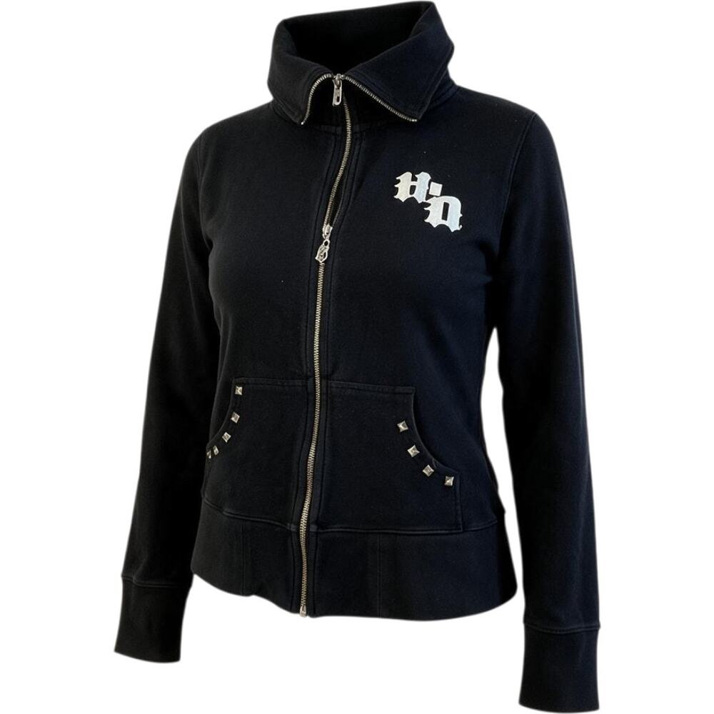 Harley Davidson Womens Zip Hoodie Studded Biker Jacket Black Size Large Vtg